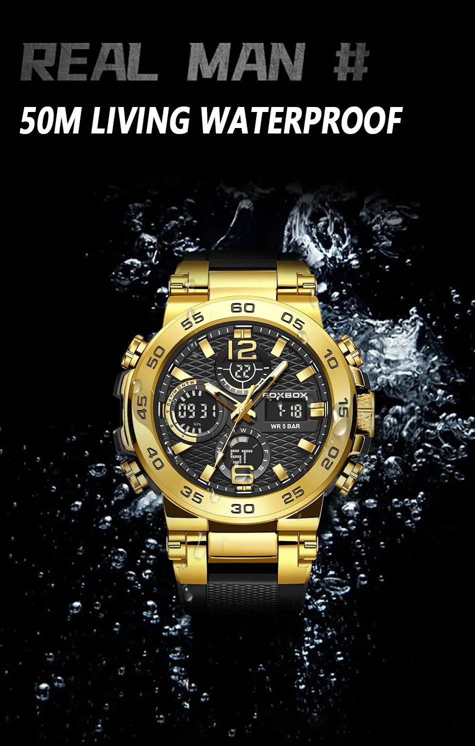 Coocosh luxurious gold watch, masterfully designed for the modern adventurer. Featuring a 50M living waterproof rating, this chronograph with luminous hands and a hardlex dial merges elegance with resilience, perfect for conquering both business and outdoor pursuits.