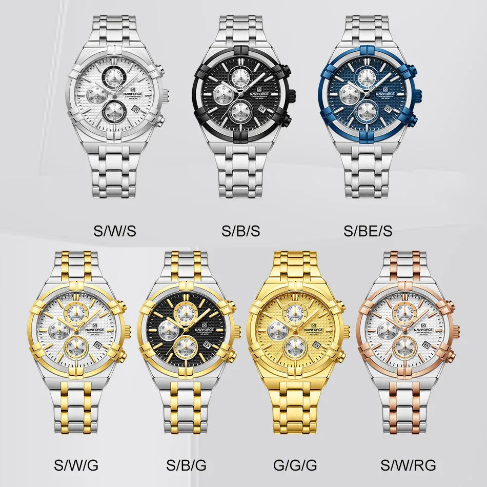 Coocosh luxurious collection of NAVIFORCE men's quartz watches, featuring stunning metallic and bold gold accents. Each design, from durable stainless steel to luminous dials, embodies sophistication, ensuring style and precision for every occasion.