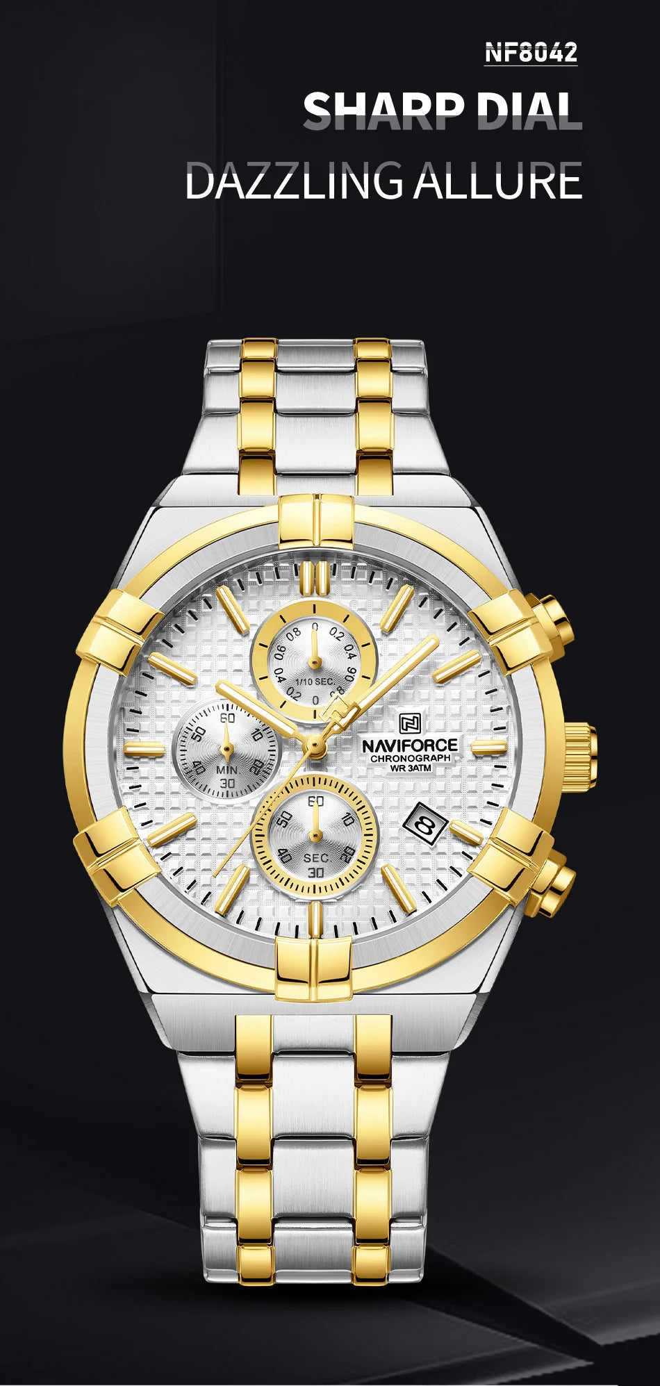 Coocosh's sophisticated NAVIFORCE Men's Luxury Quartz Watch showcases a striking two-tone silver and gold design, featuring a sharp dial and complete calendar. This waterproof, shock-resistant timepiece adds elegance to any outfit while offering precision and timeless style.