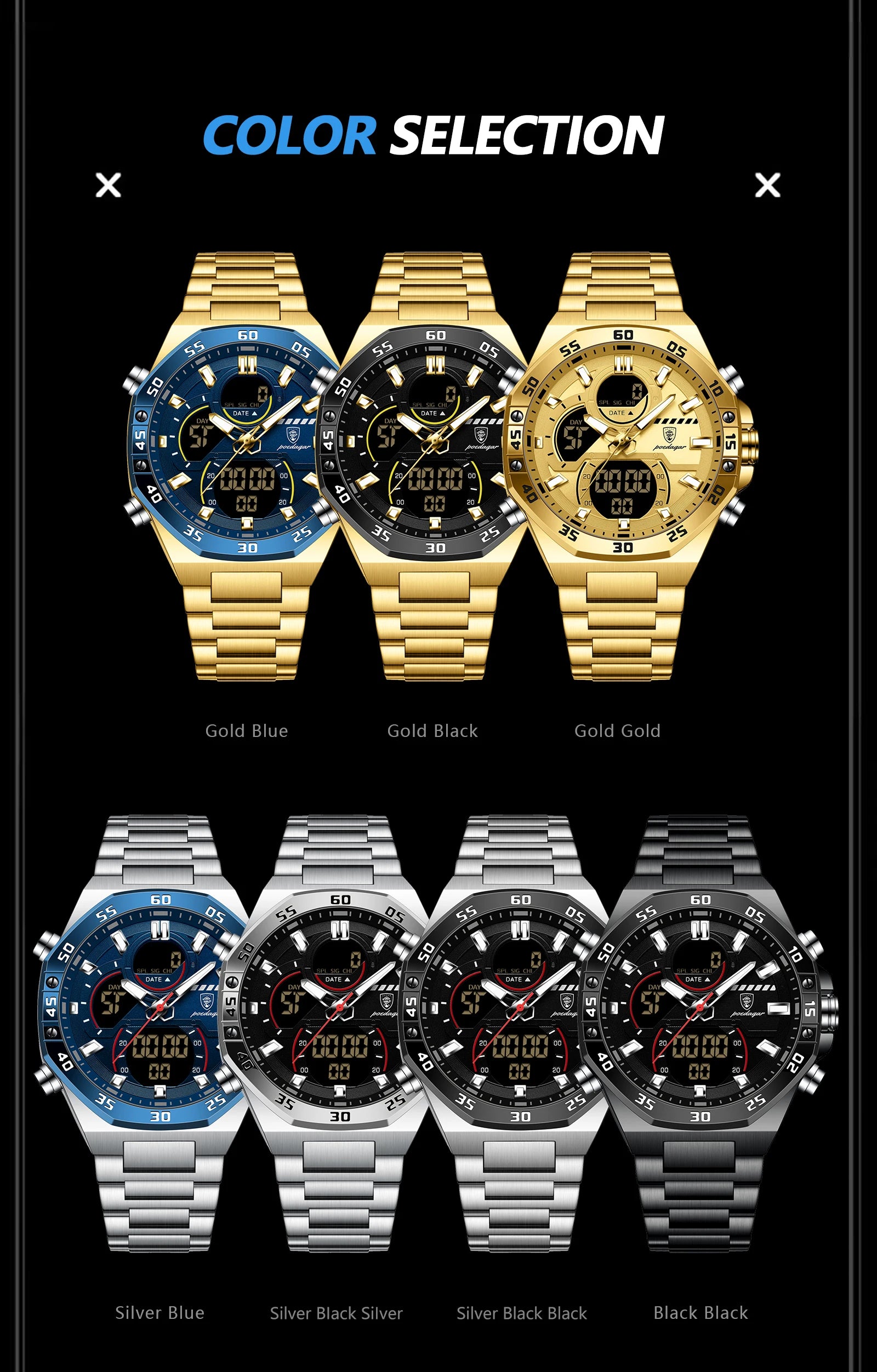 Coocosh presents an exquisite collection of stainless steel LED luminous watches in blue, gold, black, and silver, perfect for adding a touch of elegance to any outfit. Enjoy dual display versatility and water resistance, ensuring style and functionality for every occasion.
