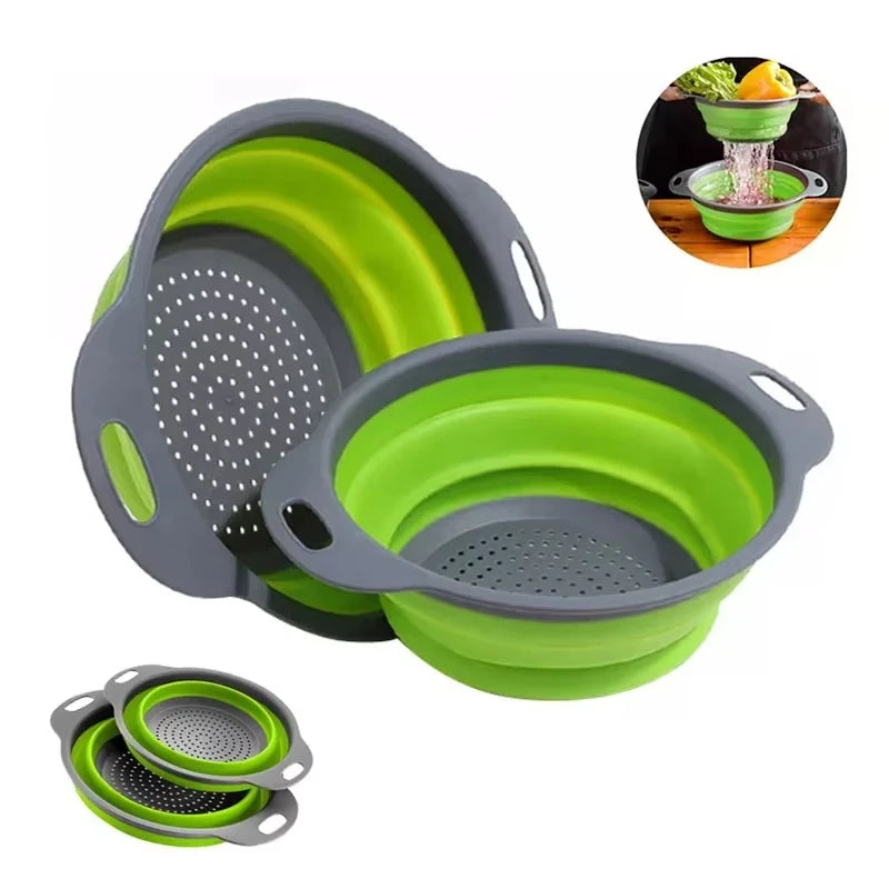 Coocosh's collapsible colander set in refreshing green and gray offers versatile kitchen functionality, effortlessly draining pasta and rinsing fruits. Eco-friendly and lightweight, these portable silicone baskets save space and enhance culinary creativity.