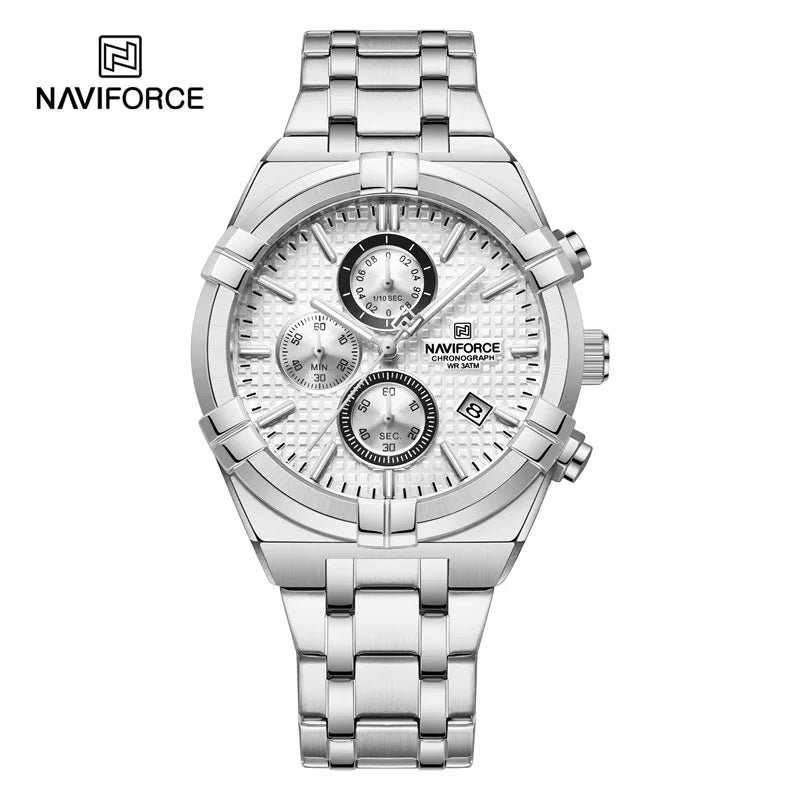 Coocosh sleek silver NAVIFORCE men's luxury quartz watch, featuring a robust stainless steel band and chronograph functionality. Waterproof and shock-resistant, this elegant piece complements an active lifestyle while adding sophistication to any ensemble.