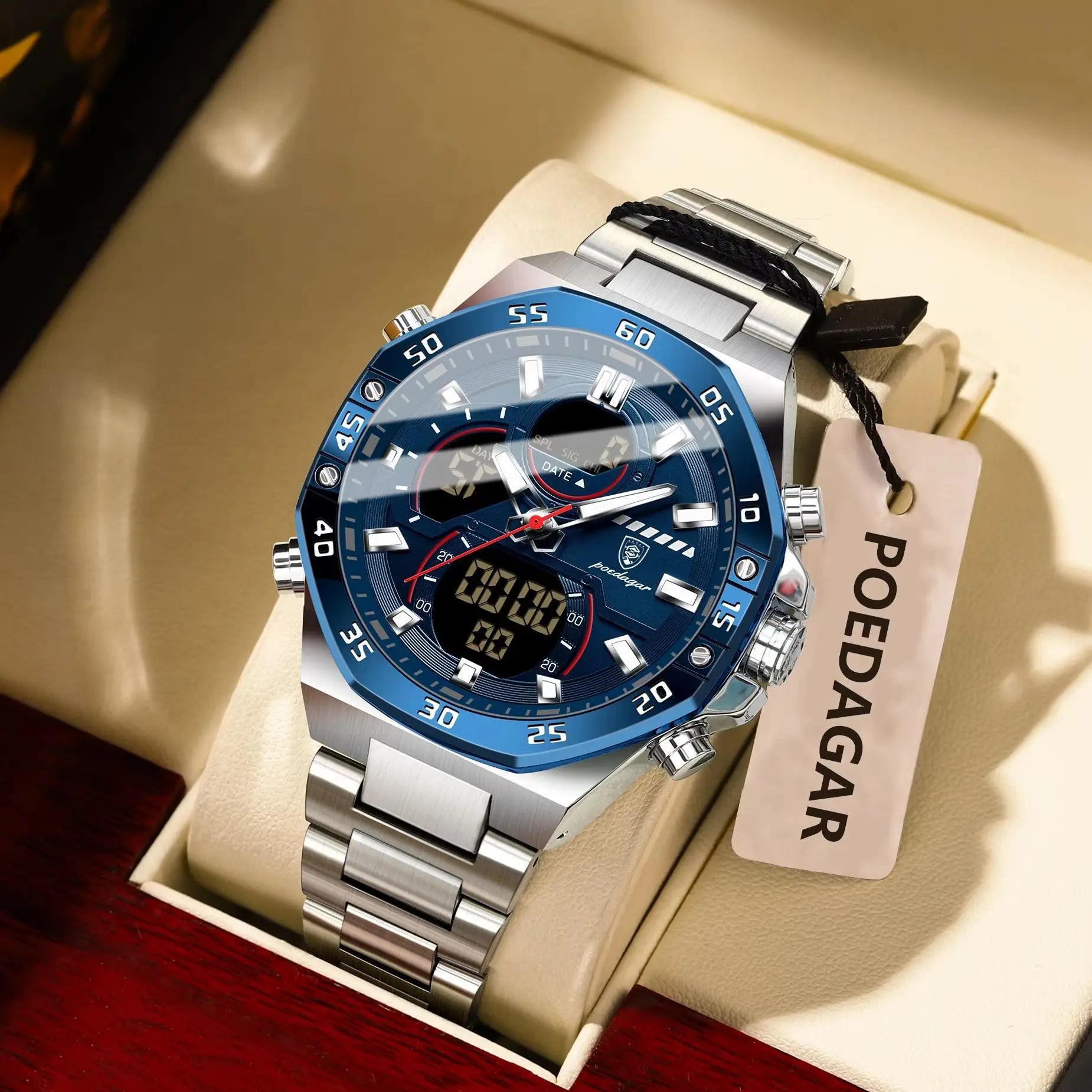 Coocosh's POEDAGAR Top Man Watch, elegantly presented in a sleek box. This stainless steel watch features a vibrant blue dial, luminous display for easy readability, and a durable design that seamlessly elevates your style both day and night.