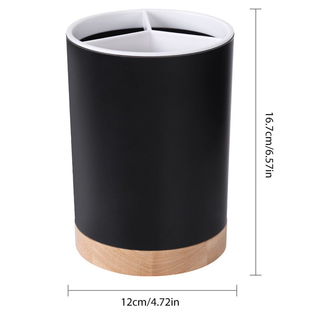 Coocosh elegant cylindrical utensil holder, featuring a sleek black exterior and a warm wooden base. Its compact, detachable design enhances modern kitchen decor while efficiently organizing cutlery with moisture filtration for a pristine cooking space.