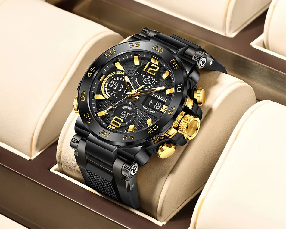 Coocosh luxurious black and gold chronograph diver watch resting elegantly on a display cushion, showcasing its premium stainless steel design and luminous hands, perfect for the modern man who values style and functionality in every adventure.