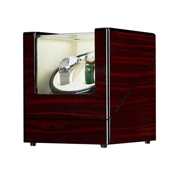 Coocosh elegant double watch winder wooden display case, featuring a high-gloss finish and whisper-quiet motor. Perfect for showcasing your prized watches while providing meticulous care with adjustable pillows and stylish versatility.