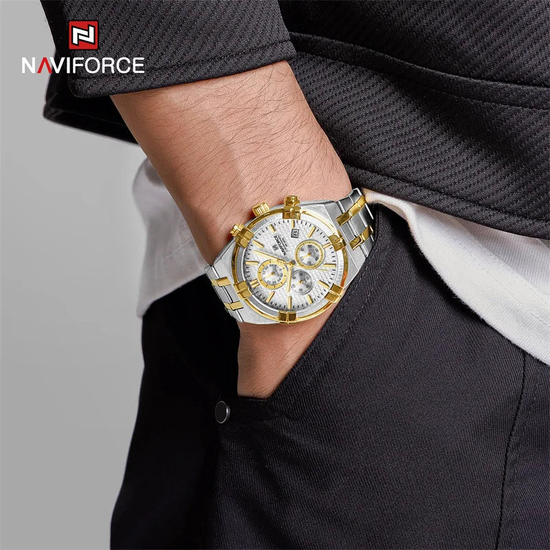 Coocosh refined NAVIFORCE luxury quartz watch, featuring a striking gold-tone casing and pure white band, effortlessly complements casual elegance, offering shock resistance and water resistance for the modern man on the go.