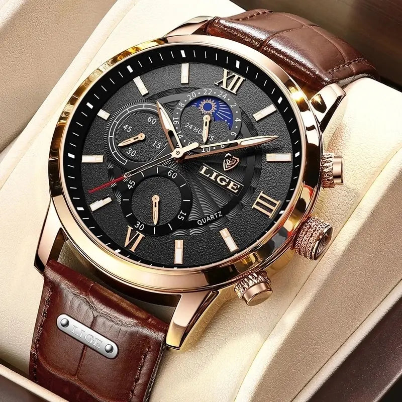Coocosh elegant chocolate brown leather quartz watch, featuring a dark dial adorned with gold-tone accents and Roman numeral markers. This luxurious chronograph timepiece is designed to enhance your sophistication and elevate your style, perfect for any occasion.