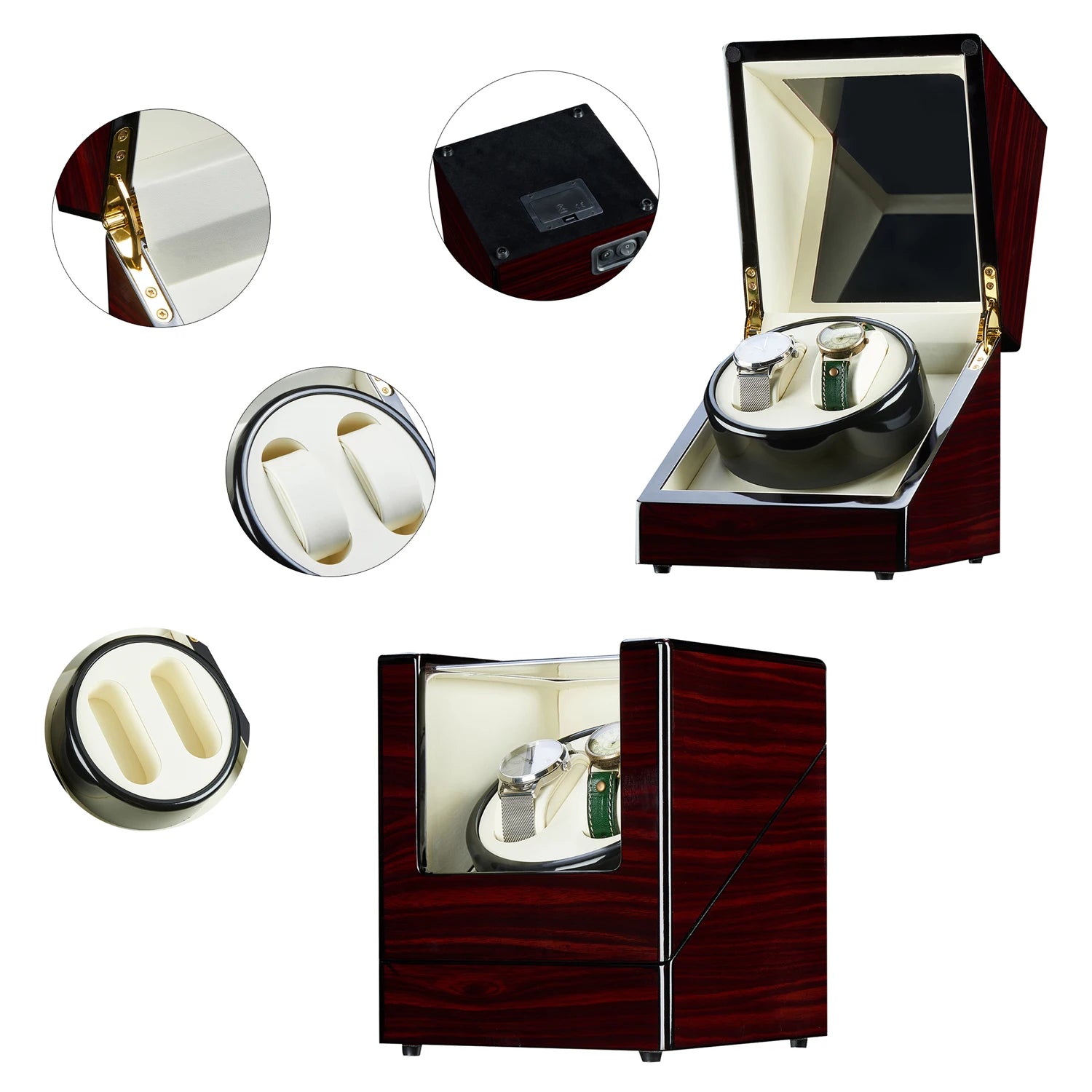 Coocosh double watch winder box, featuring a polished wooden exterior and glass top, elegantly stores and maintains automatic timepieces with whisper-quiet precision, offering timeless luxury and effortless watch care in any setting.