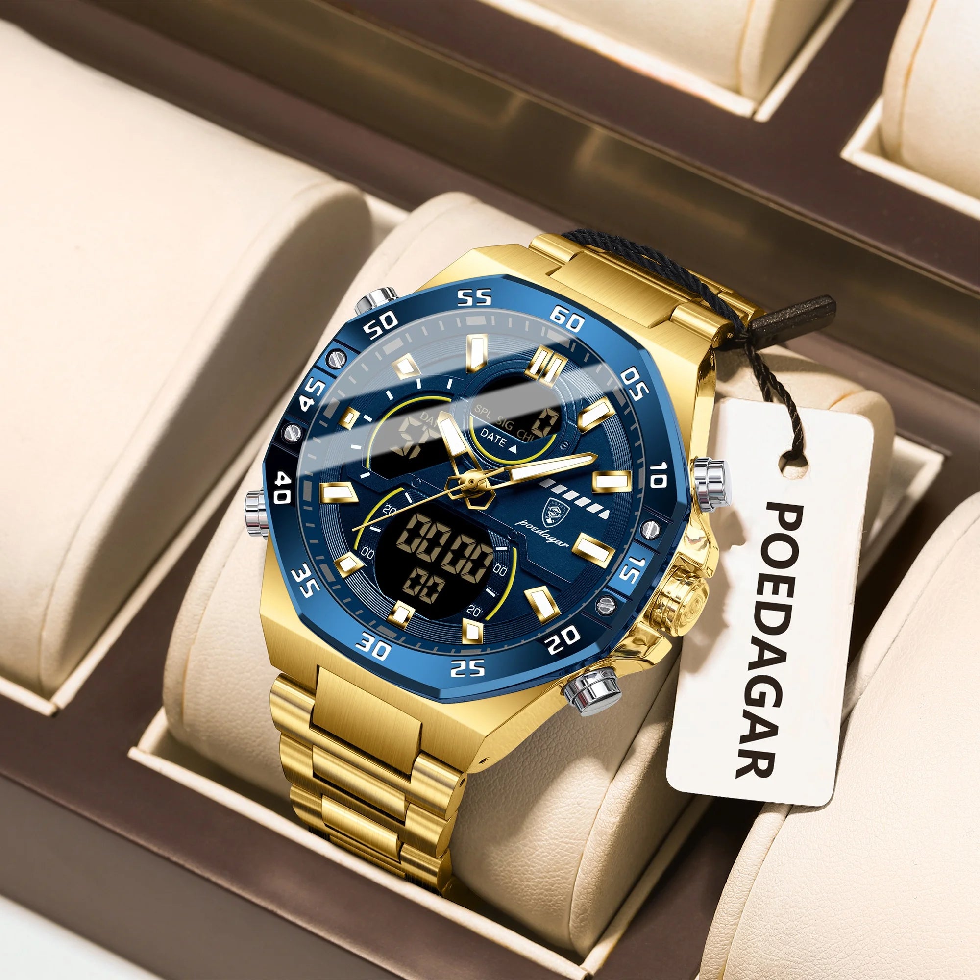 Coocosh's sophisticated POEDAGAR gold watch, featuring a striking blue face, showcases a dual display for seamless timekeeping. Encased in plush luxury, this stainless steel, water-resistant timepiece elevates any ensemble while adding a touch of elegance to everyday life.