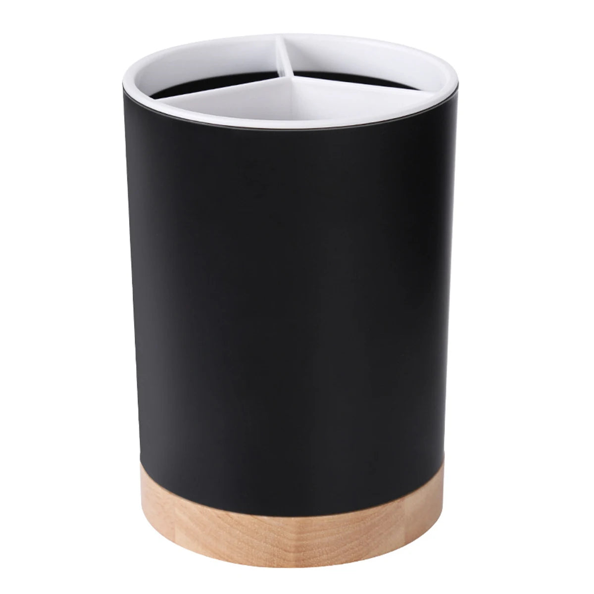 Coocosh's elegant cylindrical utensil holder, featuring a sleek black exterior and refined white interior, combines sophisticated design with practical functionality. Its detachable, moisture-filtering partition makes it an ideal space-efficient kitchen organizer that elevates modern decor.