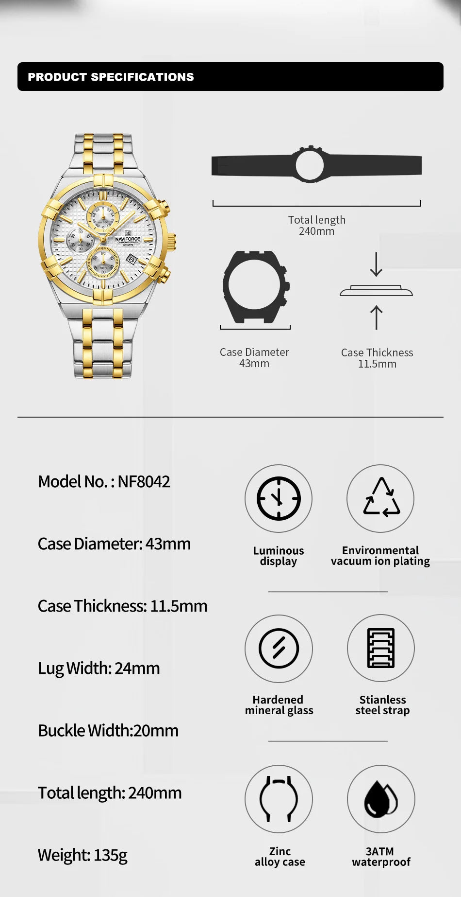 Coocosh NAVIFORCE Men's Luxury Quartz Watch, featuring a stunning stainless steel case and strap that exude sophistication. With its complete calendar and luminous display, this waterproof, shock-resistant timepiece enhances daily style and functionality, ensuring you win from any angle.