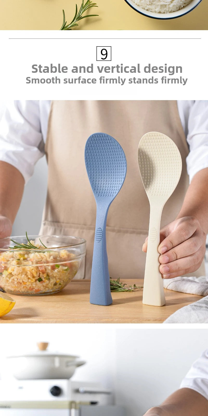 Coocosh elegant silicone rice spoons in light blue and cream hues, designed with a heat-resistant non-stick finish for effortless serving. Perfectly crafted for ergonomic comfort, elevate your kitchen experience in every culinary creation.
