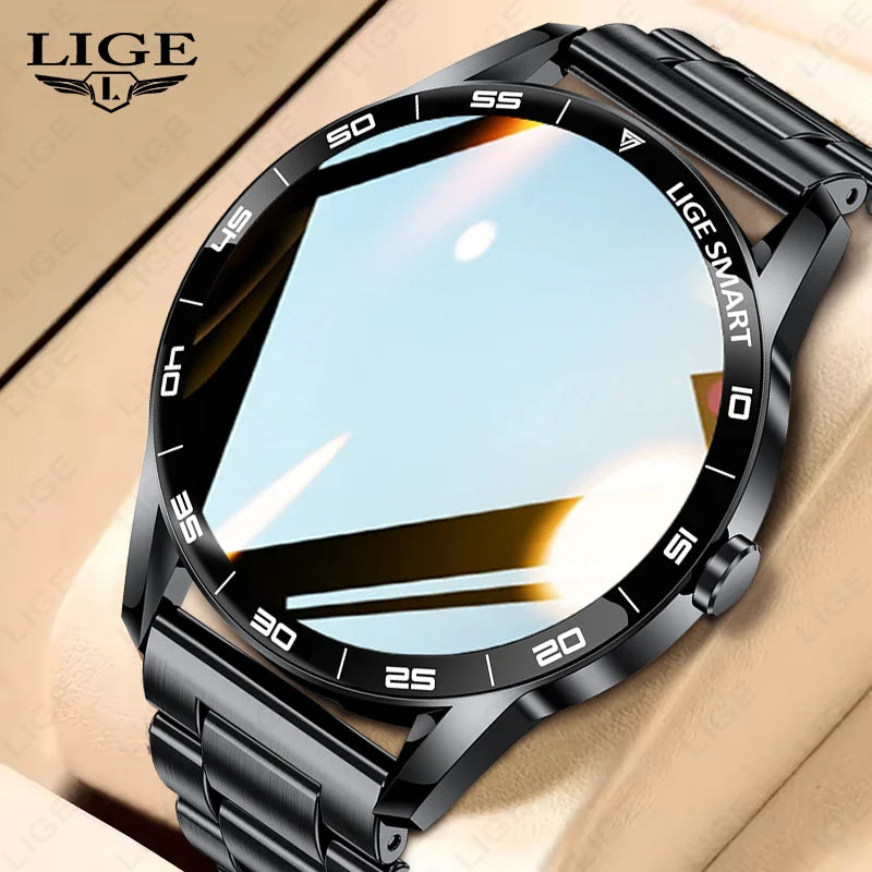 Coocosh chic black LIGE smartwatch, elegantly designed with a reflective face that showcases vibrant light play, delivering IP68 waterproof durability and voice calling capabilities to elevate your fitness journey in style.