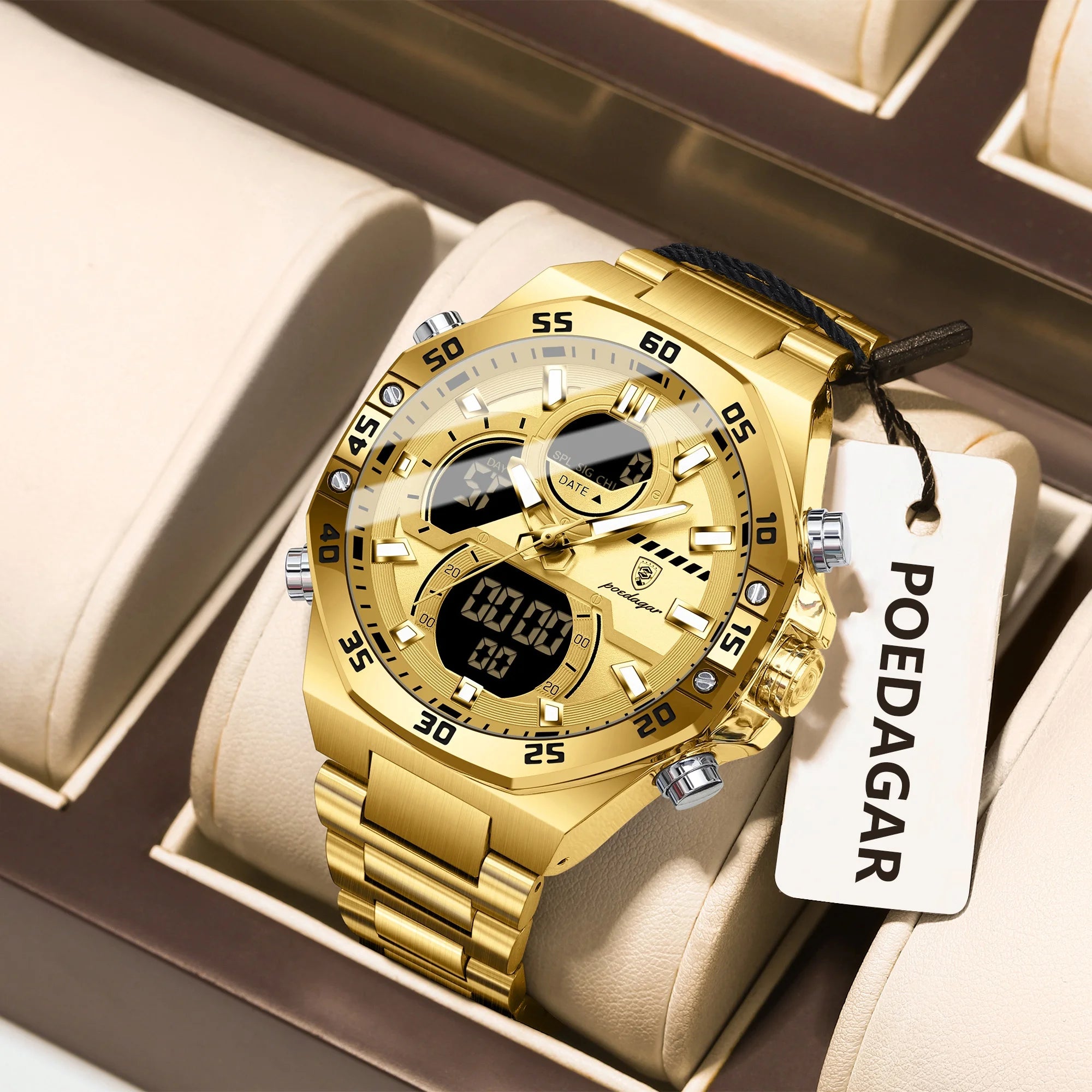 Coocosh's sophisticated gold POEDAGAR Top Man Watch, nestled in an elegant cushioned box, showcases a luminous dual display for effortless style and functionality, making it the perfect accessory for men who value both time and sophistication.