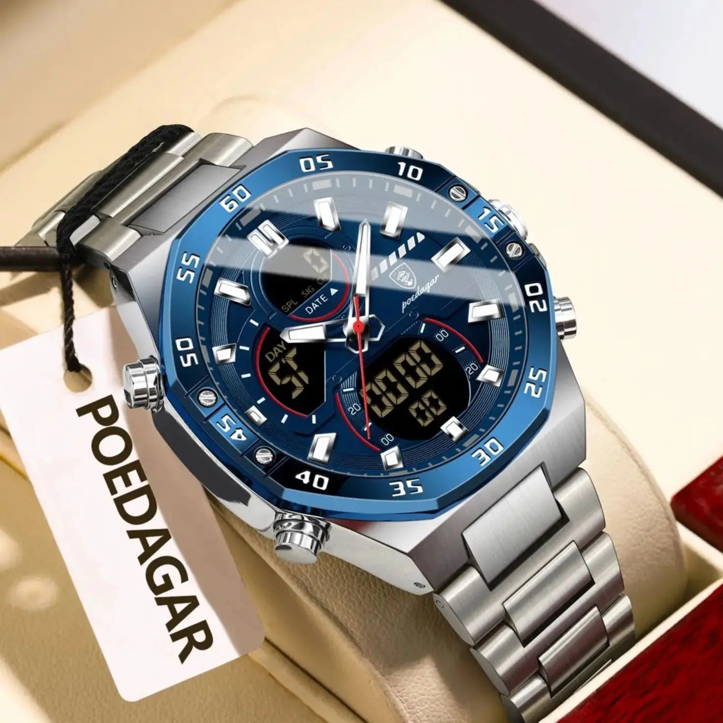 Coocosh's sophisticated POEDAGAR Top Man Watch showcases a striking blue dial and stainless steel band, combining luminous digital displays with a versatile, water-resistant design—effortlessly elevating style and functionality for the modern man.