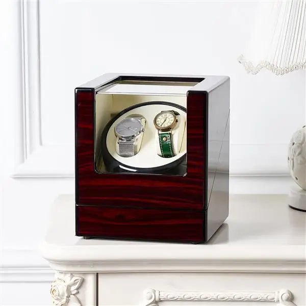 Coocosh elegant double watch winder, beautifully crafted with a high-gloss wooden exterior, features adjustable pillows and whisper-quiet motor, ensuring your timepieces remain perfectly wound and displayed in style.