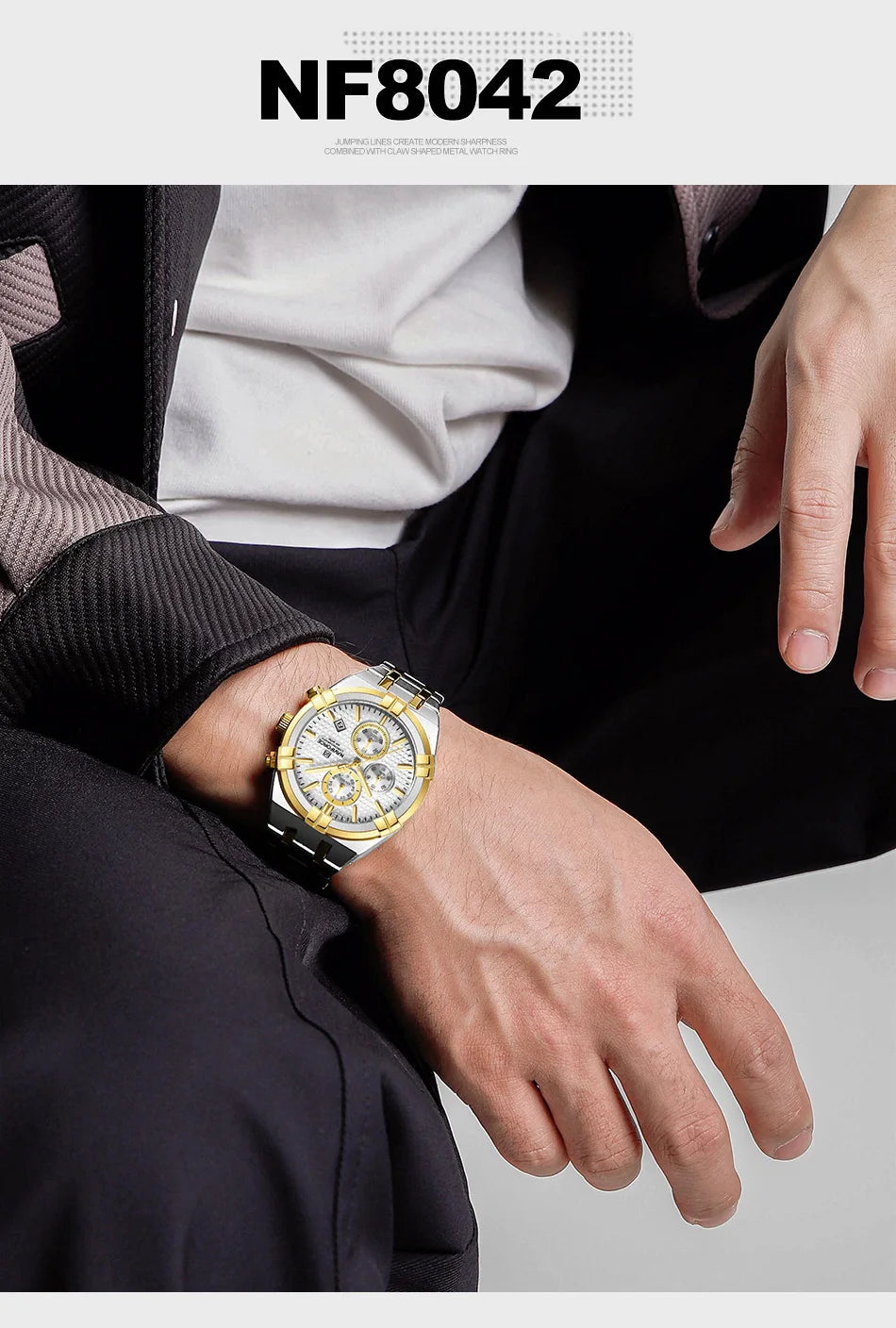 Coocosh luxurious gold-tone NAVIFORCE men's quartz watch, elegantly accenting black attire. Featuring waterproof and shock-resistant technology, this timepiece ensures reliability and style, perfect for the modern man who values sophistication and functionality.