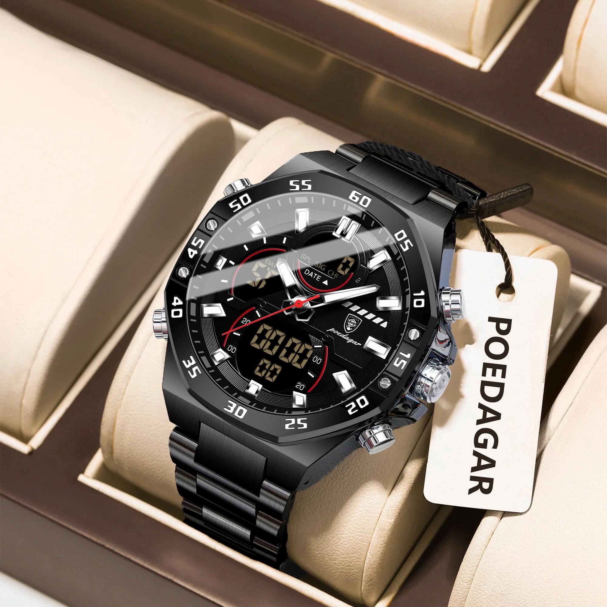Coocosh POEDAGAR black stainless steel watch, featuring a luminous dual display and sleek design, combines elegance with functionality, perfect for men who appreciate style and precision, effortlessly enhancing every moment, even in low light.