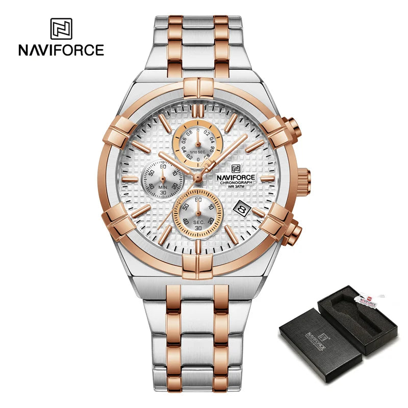Coocosh exquisite NAVIFORCE luxury watch in silver and rose gold, featuring a detailed chronograph dial and complete calendar, elegantly presented in a sleek black case, perfect for elevating men’s accessories with style and functionality.