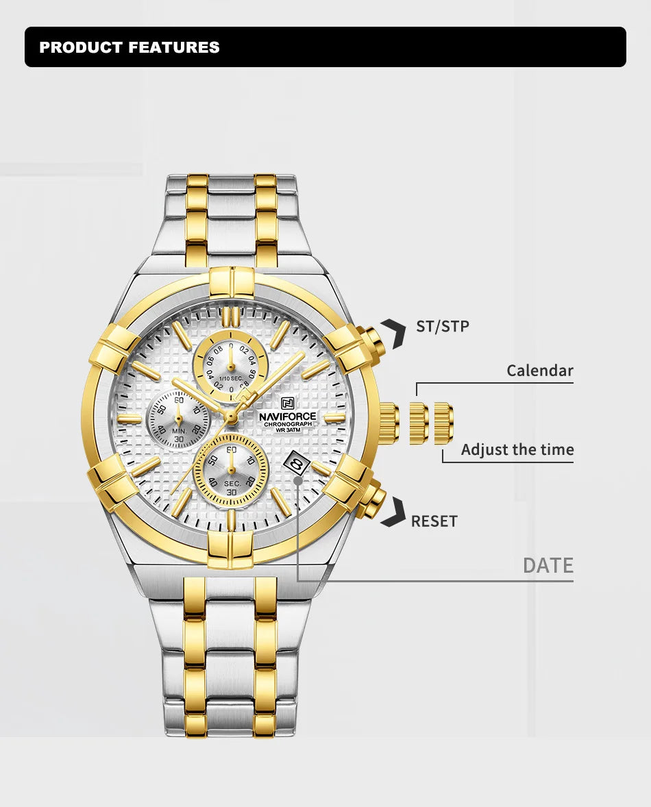 Coocosh luxurious NAVIFORCE men's quartz watch, featuring a striking two-tone design with gold and silver accents. Perfectly engineered with luminous elements and a complete calendar, it's an elegant accessory for every occasion, ensuring you stay stylish and punctual.
