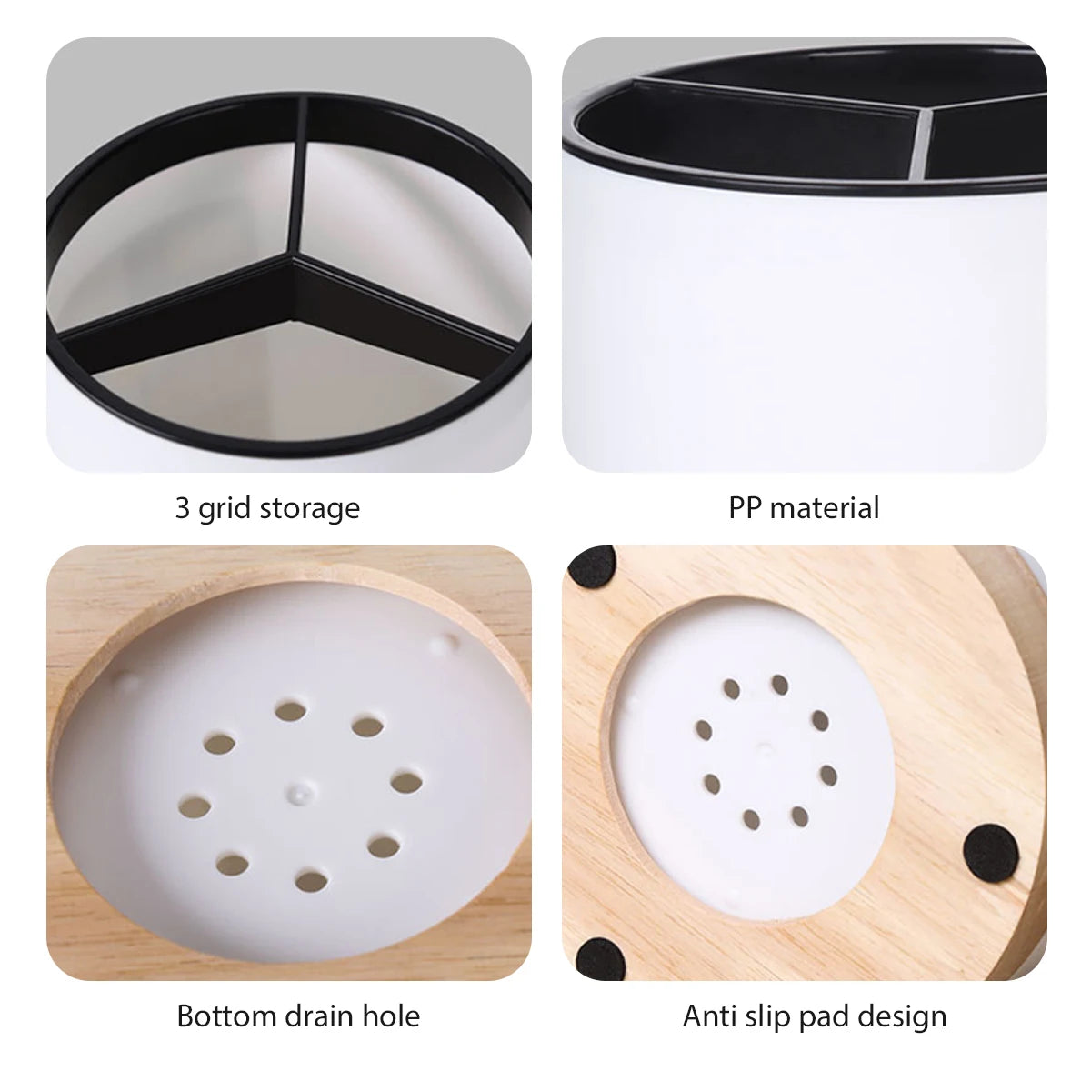 Coocosh elegant three-grid utensil holder, expertly designed in durable polypropylene. Featuring a bottom drain hole and anti-slip pads, it transforms countertop chaos into organized beauty, elevating modern kitchen aesthetics while ensuring practical moisture control.