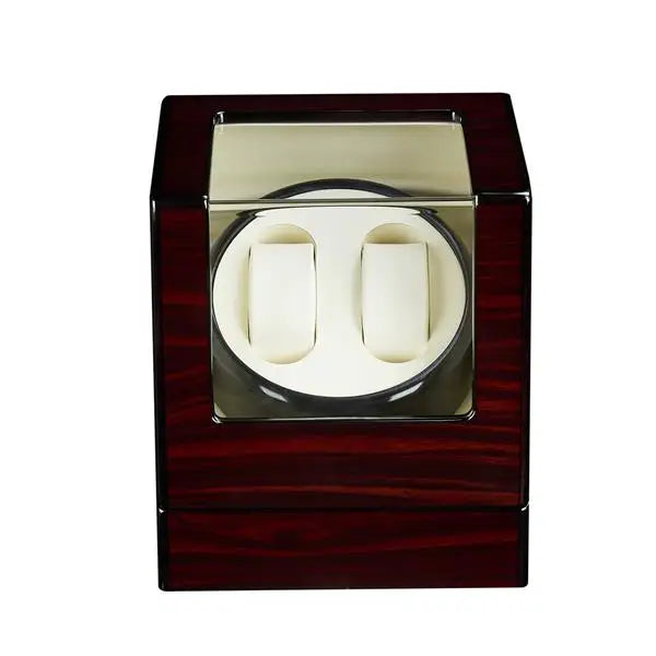 Coocosh elegant double watch winder featuring a high-gloss wooden display case, designed to securely cradle your timepieces. With whisper-quiet operation and adjustable pillows, it ensures your luxury watches remain wound and ready, enhancing any sophisticated home or office.