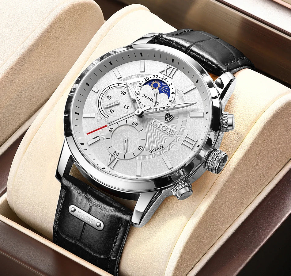Coocosh luxury brown leather quartz watch, featuring a stunning silver face with luminous hands and moon phase indicator, elegantly housed in a cushioned display box—ideal for the discerning man who values timeless style and precision in every moment.