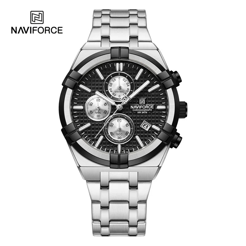 Coocosh silver NAVIFORCE luxury quartz watch features a striking black dial and a durable stainless steel band, perfectly blending style and functionality. With chronograph capabilities and luminous details, it enhances any man's wardrobe while ensuring reliability and elegance.