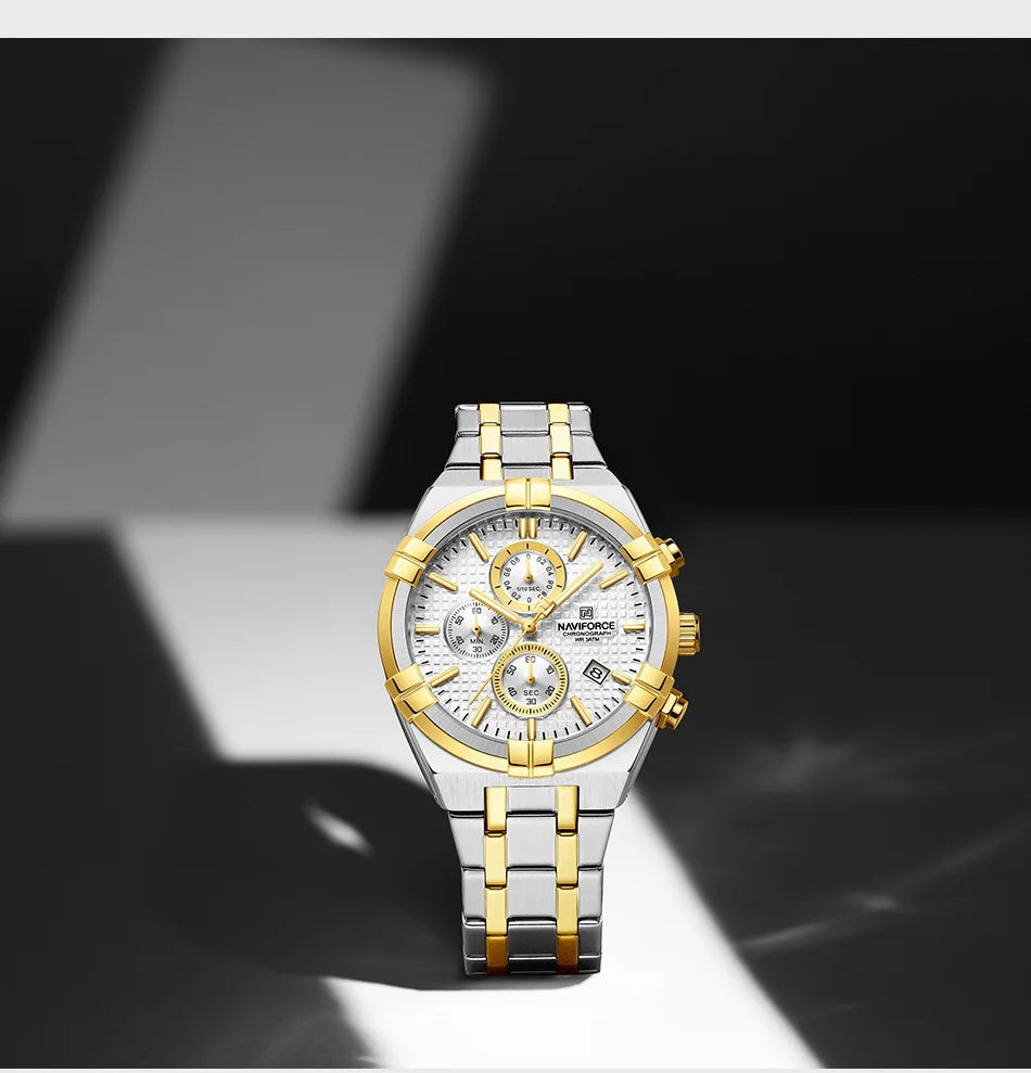 Coocosh Men's Luxury Quartz Watch, featuring a stunning silver and gold stainless steel band and a sleek round face with multiple dials. This shock-resistant, waterproof timepiece combines elegance with functionality, making it the ideal accessory for any occasion.