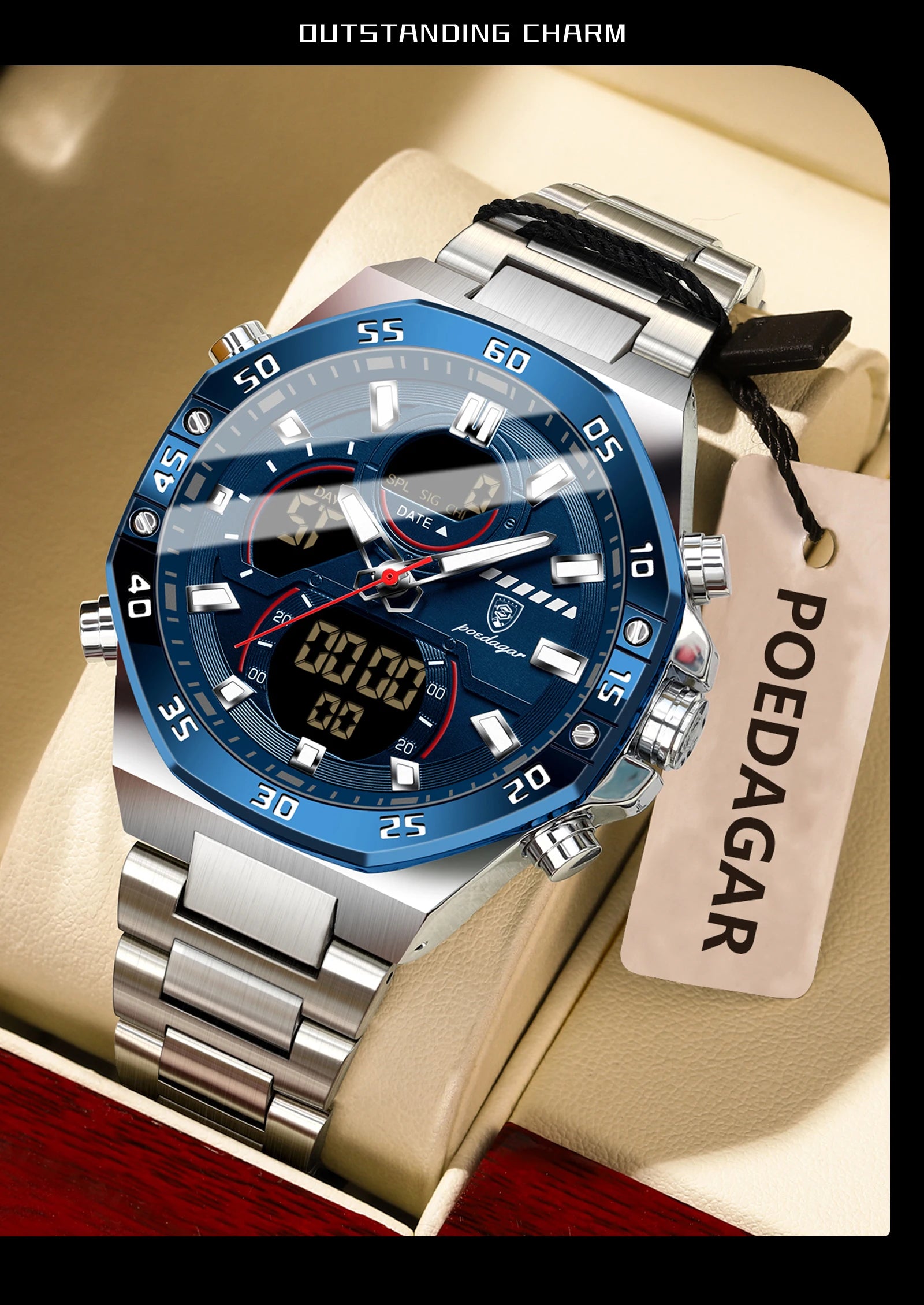 Coocosh's POEDAGAR Top Man Watch elegantly displayed in a sleek box, featuring a striking blue luminous dial and dual display for effortless time management, complemented by a durable stainless steel bracelet, designed for the modern man’s versatile lifestyle.