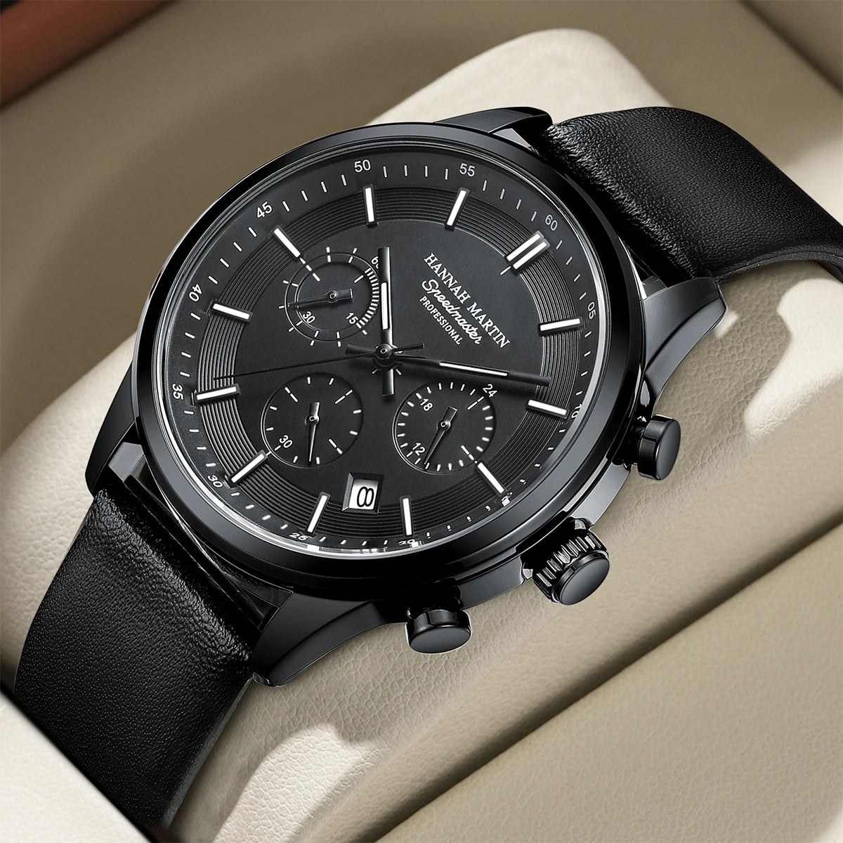 Coocosh sleek black multifunctional sports watch, featuring a striking dark dial and durable leather strap, designed for active lifestyles. Enjoy precision timing with chronograph features and complete calendar functionality, seamlessly complementing your everyday adventures.
