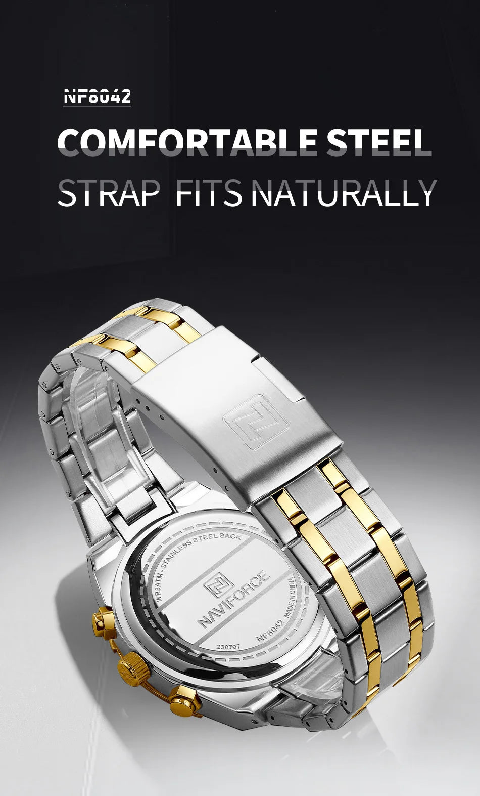 Coocosh exquisite NAVIFORCE Men's Luxury Quartz Watch, featuring a luminous metallic finish and a comfortable stainless steel strap. Designed for versatility, this waterproof and shock-resistant timepiece elevates your personal style effortlessly.