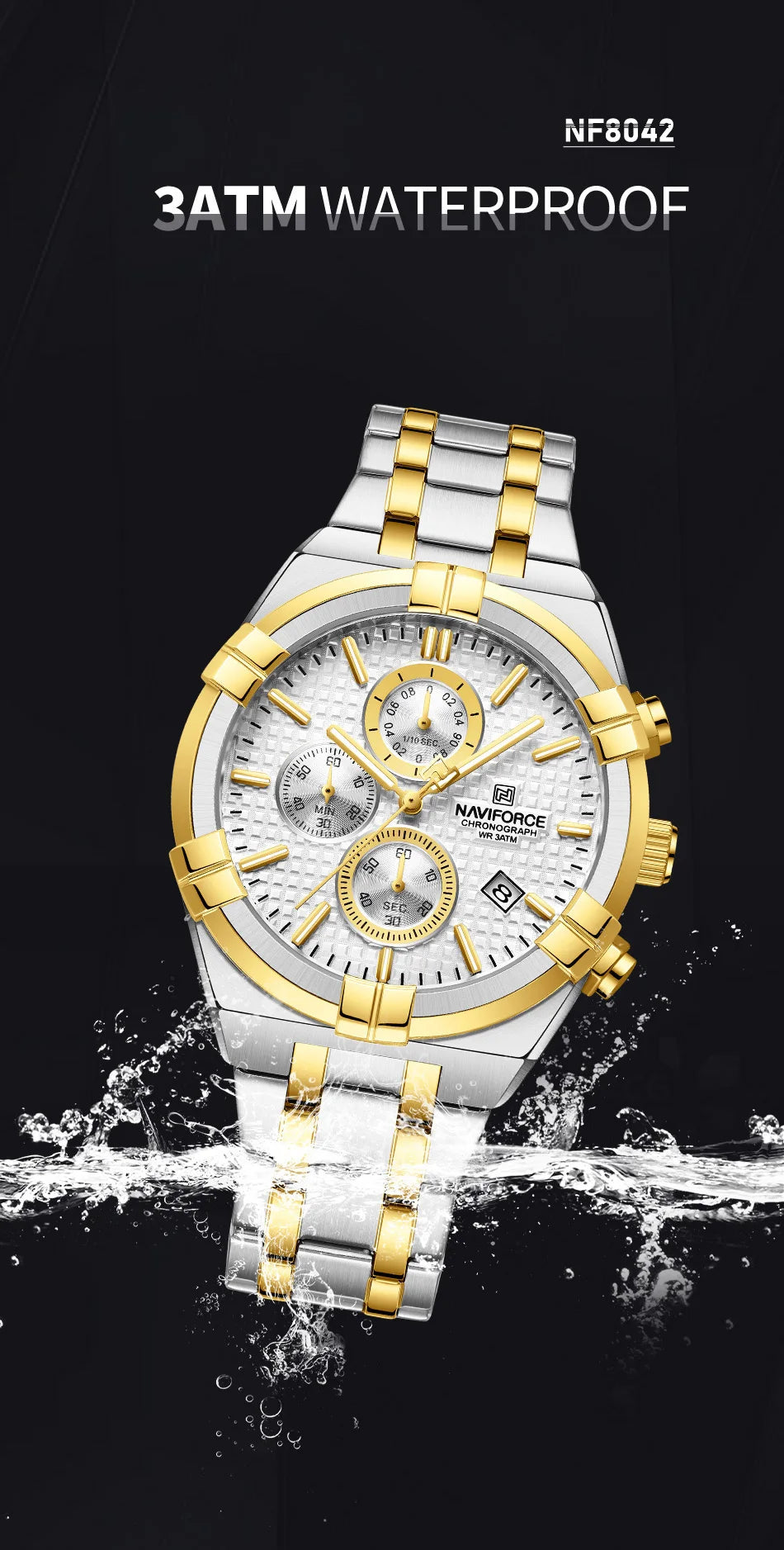 Coocosh NAVIFORCE Men's Luxury Quartz Watch, showcasing a striking silver and gold design, elegantly highlighted by splashes of water, exemplifying its 20ATM waterproof feature, perfect for adventurous styles while ensuring timeless sophistication.