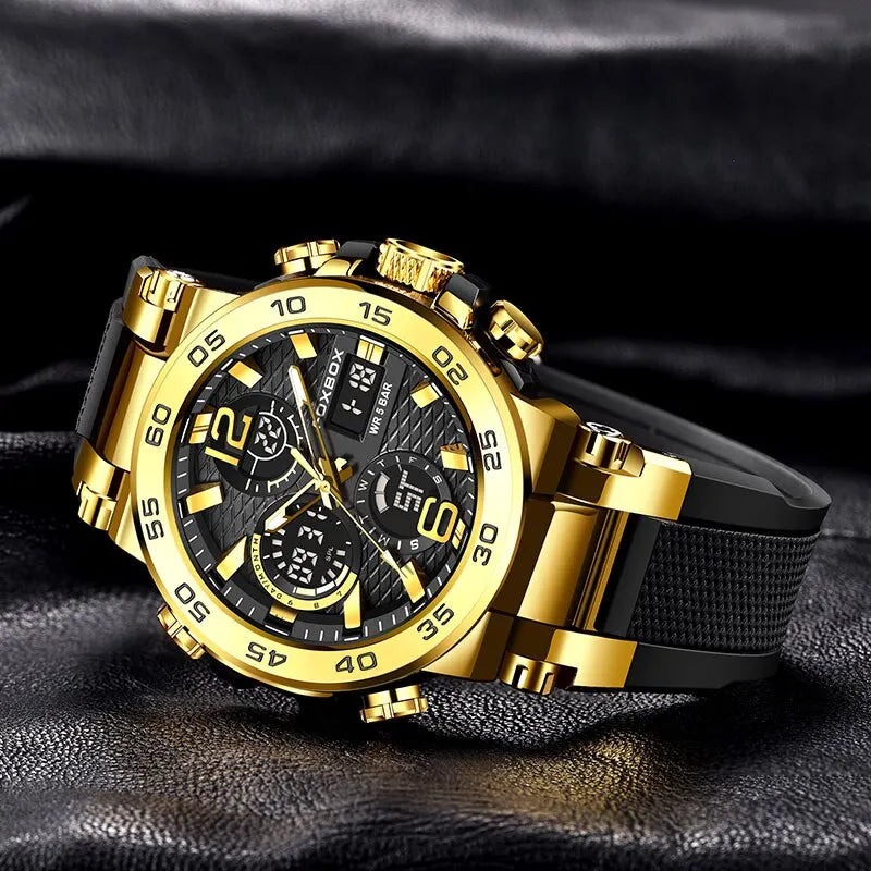 Coocosh gold and black luxury chronograph watch, designed for the modern man. This waterproof diver's accessory features luminous hands and a premium hardlex dial, ensuring timeless elegance and function, whether in the boardroom or on an adventure.