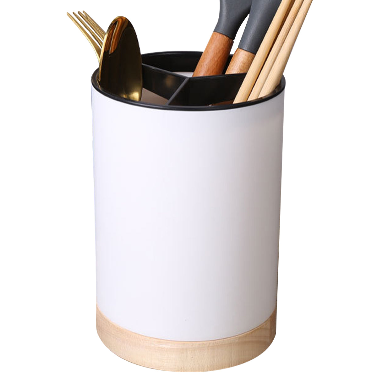 Coocosh elegant white utensil holder with a sleek wooden base, thoughtfully designed for modern kitchens. This compact kitchen organizer not only drapes your cooking tools in style but also promotes moisture filtration and space efficiency.