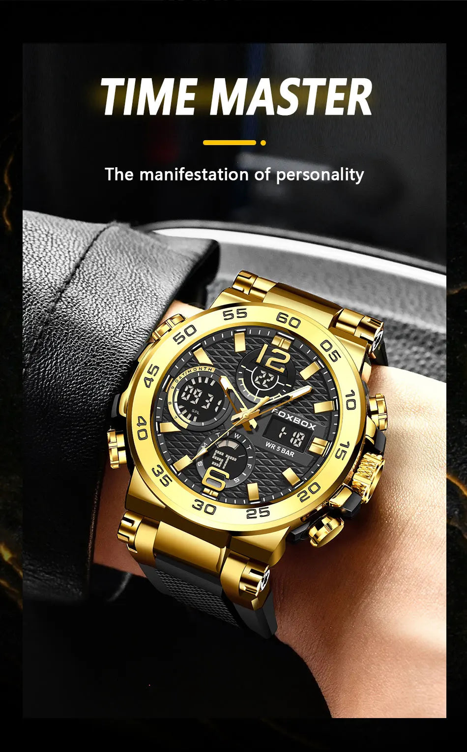 Coocosh TIME MASTER, a striking gold and black luxury watch, merges sophisticated design with advanced functionality. This waterproof chronograph features luminous hands and LED backlight, ensuring precision and style for the modern gentleman in any setting.