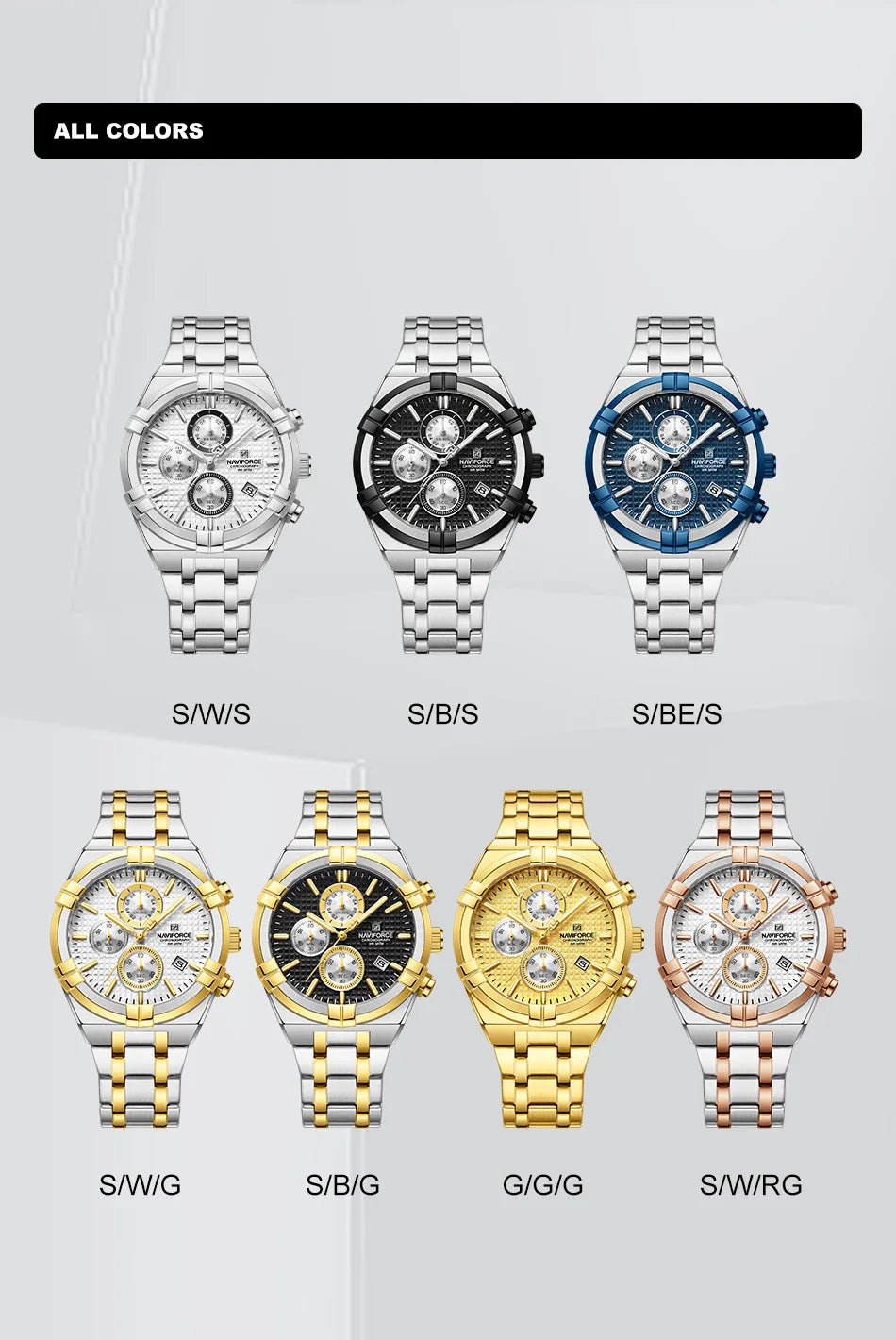 Coocosh exquisite collection of NAVIFORCE men's luxury quartz watches, featuring stainless steel and gold tones. Each piece, with its chronograph function and luminous display, transitions effortlessly from formal events to daily adventures, ensuring you're always in style.