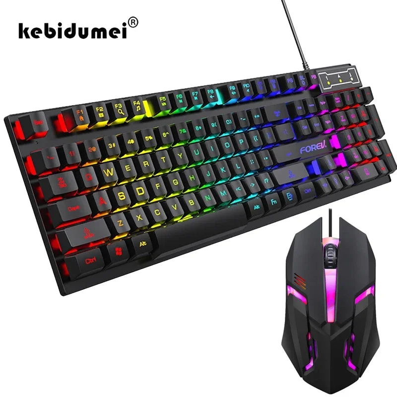 Coocosh sleek black mechanical gaming keyboard and mouse set, featuring vibrant RGB backlighting for customizable gaming experiences. Ergonomically designed for comfort, enabling seamless performance and immersive action from any angle.