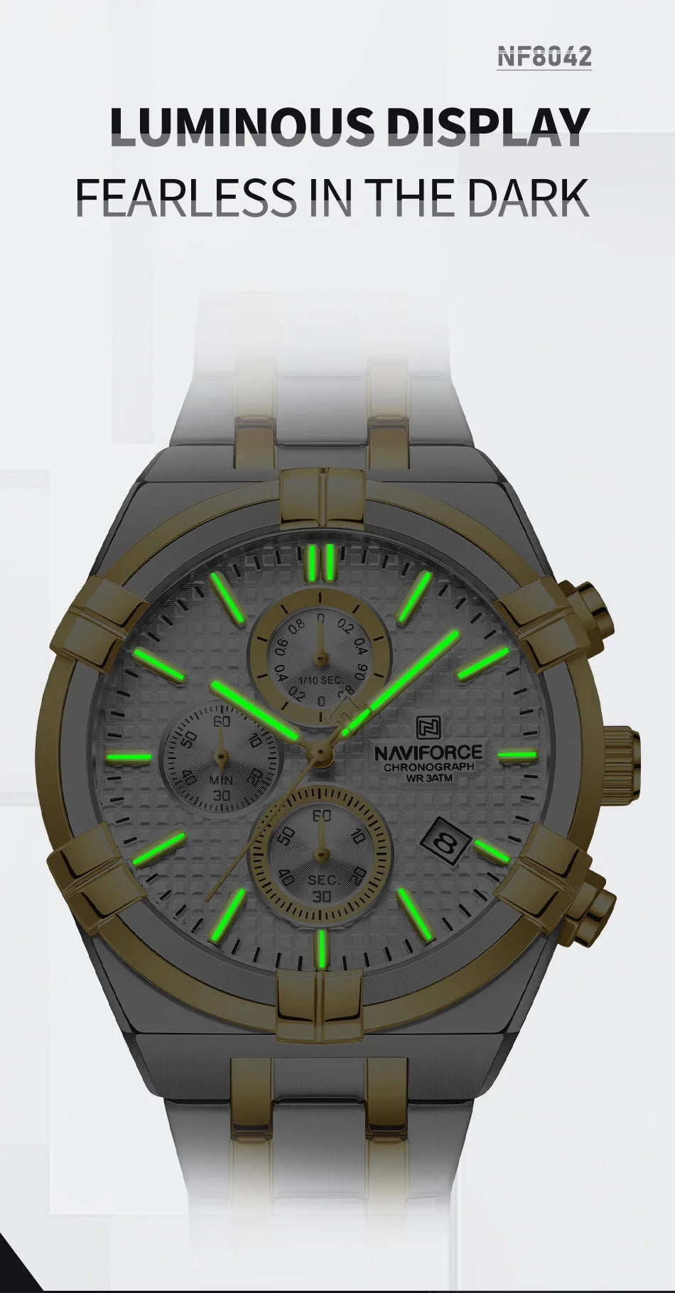 Coocosh NAVIFORCE Men's Luxury Quartz Watch, featuring a luminous display for visibility in the darkest conditions. Designed for adventurers, its rugged stainless steel body is shock-resistant and waterproof, making it a perfect companion for outdoor mastery.