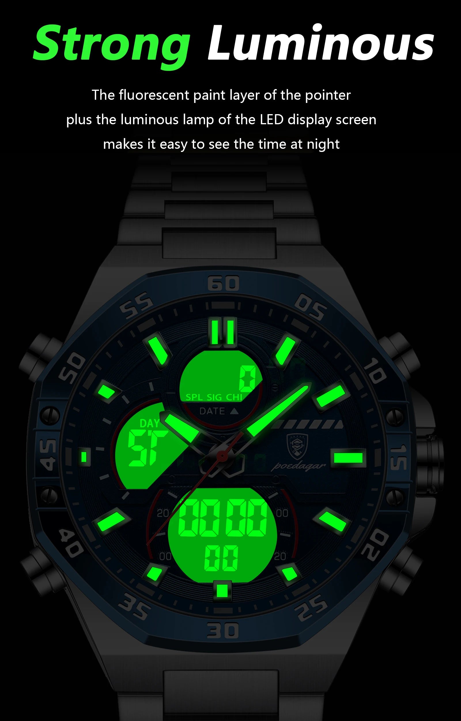 Coocosh sophisticated digital watch in matte black with luminous green accents, designed for effortless visibility in low-light settings. Perfect for modern lifestyles, its stainless steel build ensures durability while water resistance adds versatility.