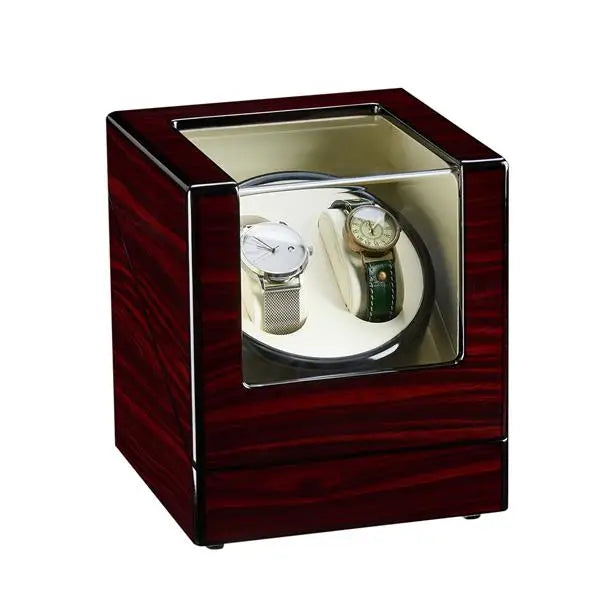 Coocosh double watch winder wooden display case, featuring a glossy finish and transparent window, elegantly showcases your timepieces while ensuring they remain wound and ready to wear—perfect for luxury gifts and watch enthusiasts.