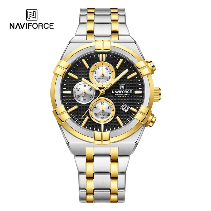 Coocosh sophisticated NAVIFORCE men's luxury quartz watch features a striking black dial and a chic stainless steel band in silver and gold tones. This waterproof, shock-resistant timepiece elevates your style while ensuring precision and durability for any occasion.