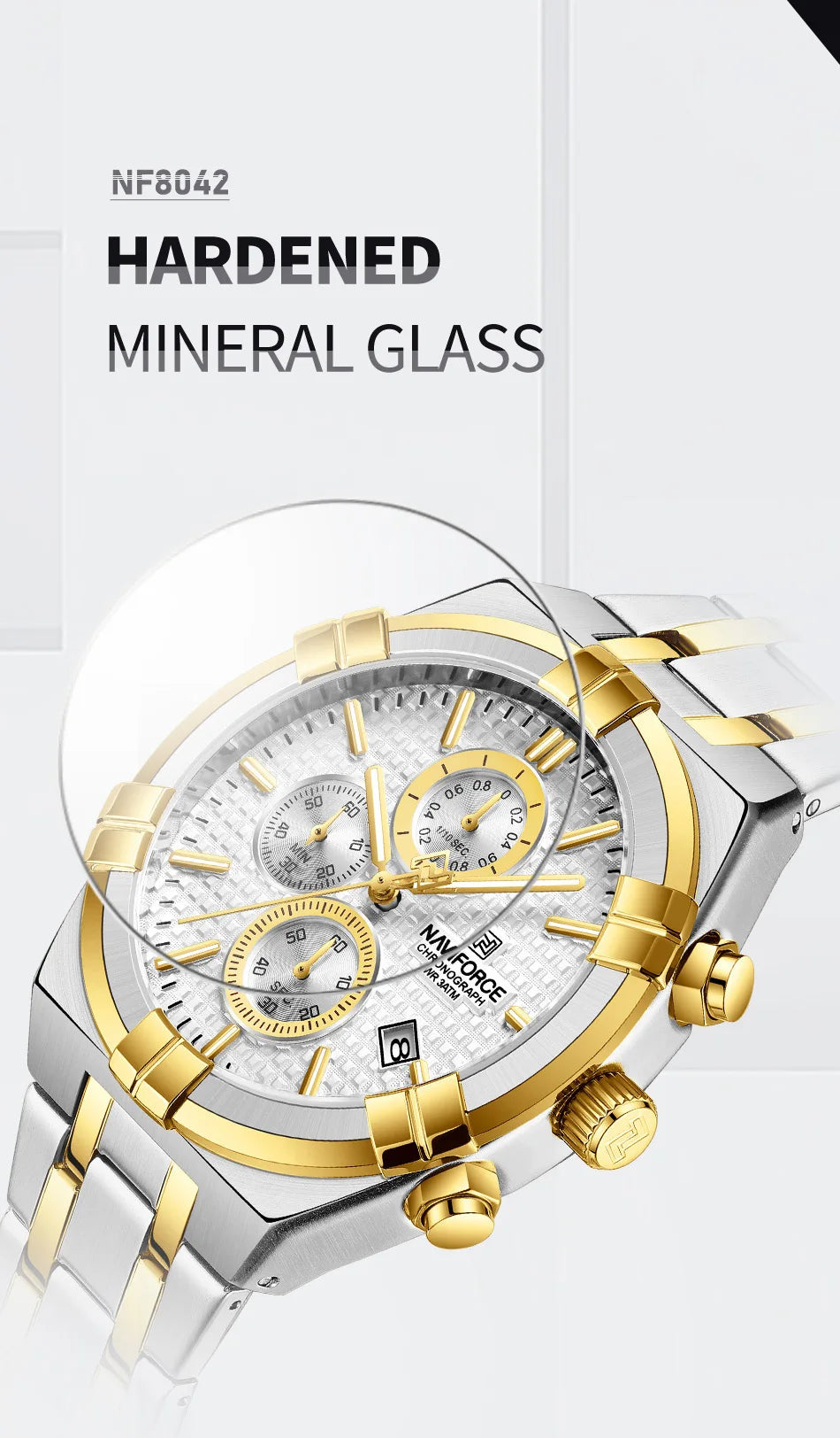 Coocosh sophisticated silver and gold chronograph watch, featuring hardened mineral glass for superior scratch resistance and a complete calendar function, designed to elevate men's luxury accessories while ensuring elegance and resilience in every moment.