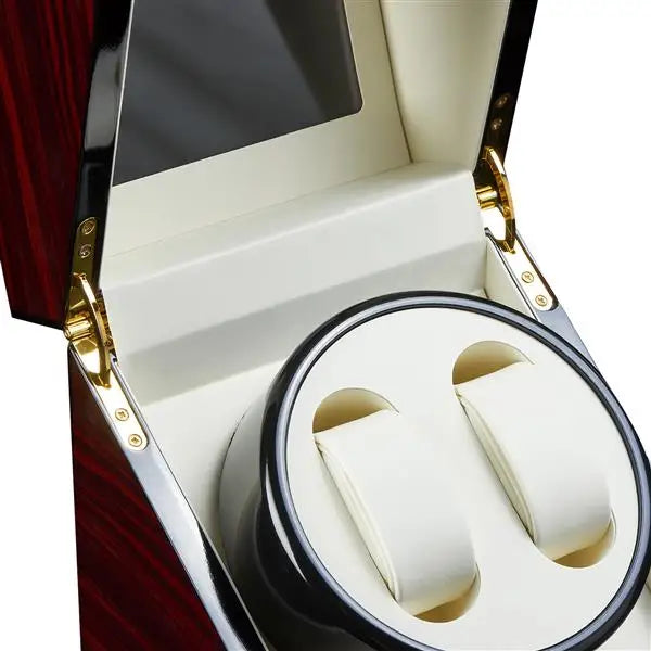 Coocosh double watch winder in a polished wooden display case, featuring a high-gloss finish and soft padding. Designed for elegance, it ensures your timepieces rotate silently while showcasing their beauty seamlessly from any angle.