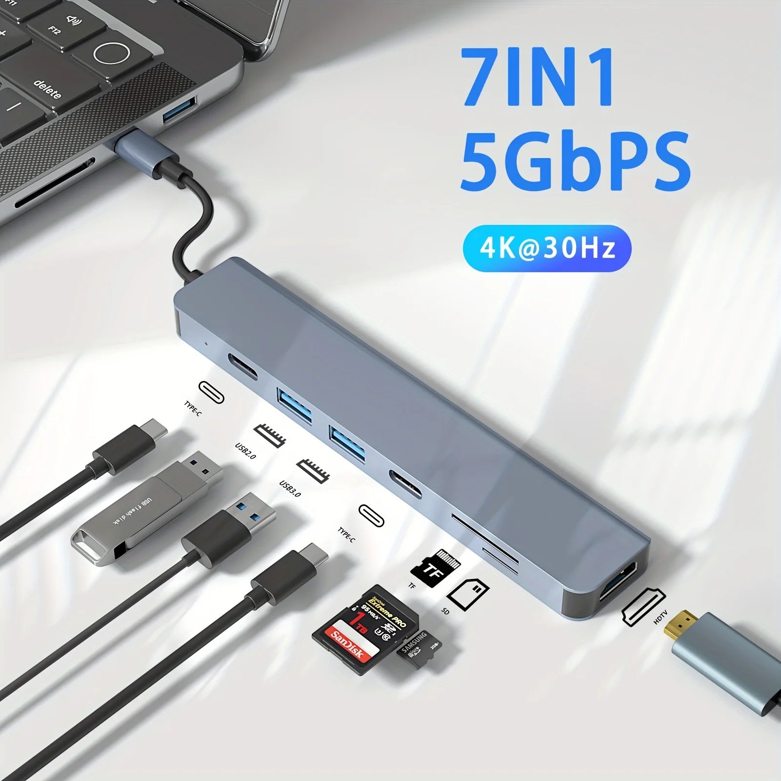 Coocosh 7-in-1 USB hub elegantly connects to your laptop, offering seamless data transfer at 5 Gbps and stunning 4K video output at 30Hz. Effortlessly expand your connectivity and enhance your workspace, winning from any angle.