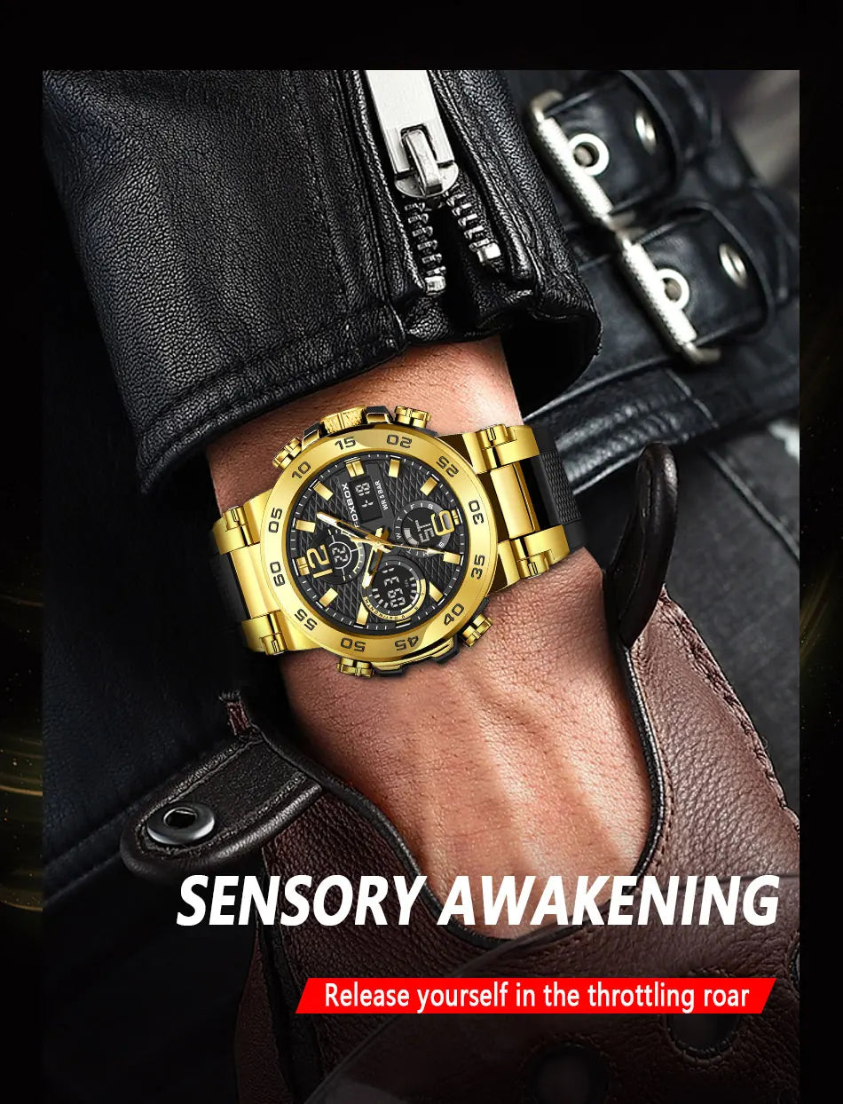 Coocosh's luxurious gold-colored chronograph watch, designed for bold self-expression, features a striking black face and luminous hands. Perfectly complements a leather jacket, offering secure waterproof capability for the modern man's adventures.