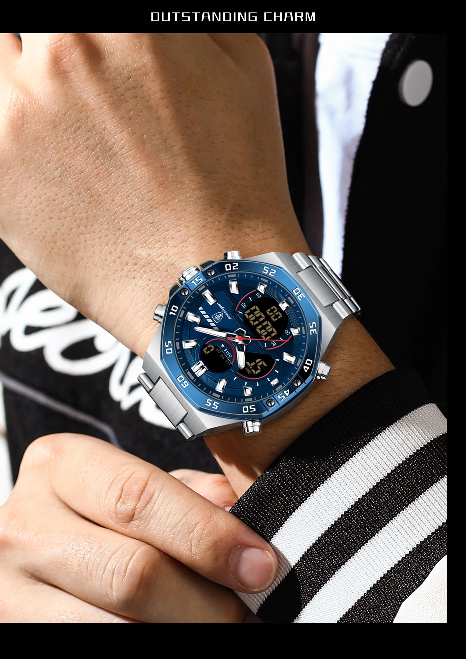 Coocosh's elegant Top Man Watch showcases a striking blue luminous dial paired with a sleek stainless steel bracelet. This versatile accessory, designed for style and durability, complements any attire, effortlessly blending function with refined fashion.
