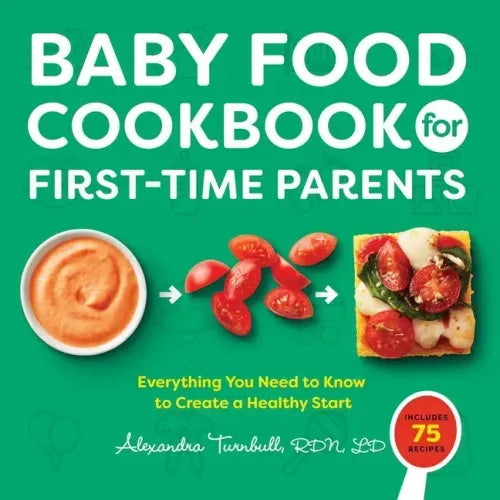Coocosh's "Baby Food Cookbook for First-Time Parents," adorned with a serene green backdrop, showcases vibrant images of wholesome ingredients and promises a nourishing start with 75 easy recipes, designed for joyful family cooking moments.