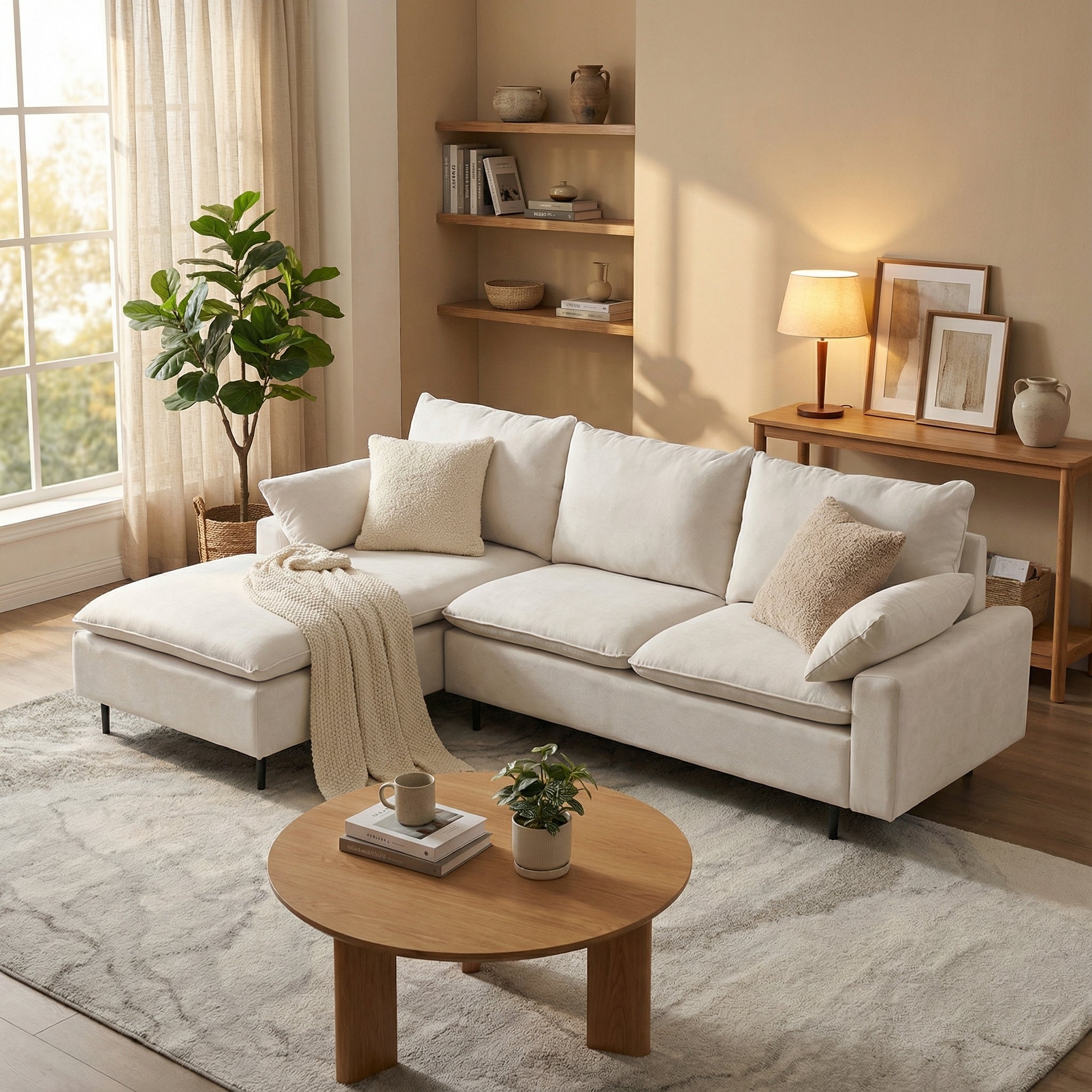 Modern living room with a white sectional sofa, wooden coffee table, and decorative elements.